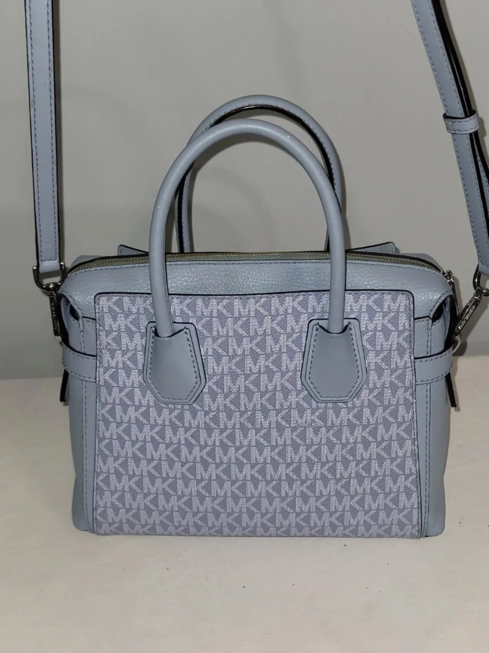 Michael Kors Mercer Satchel Crossbody Pale Blue Monogram Canvas Small